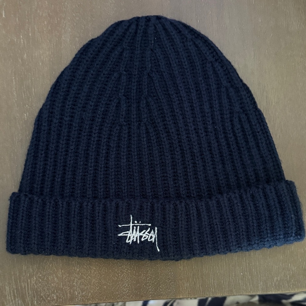 Stussy Navy Knit Beanie with Logo